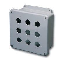 B-Line Pushbutton Enclosure; 11.62" x 9.41" x 4.25"; Fiberglass; Solid w/ 9 30mm Holes Cover; Screw Connection; NEMA 6P