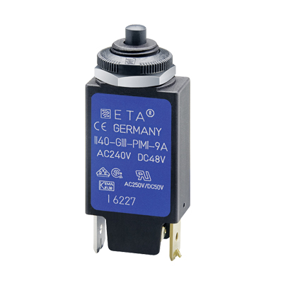E-T-A Thermal Circuit Breaker; 1-Pole; 0.5A; 250VAC/48VDC; Push Button; Quick Connect Blade Terminal; UL 1077