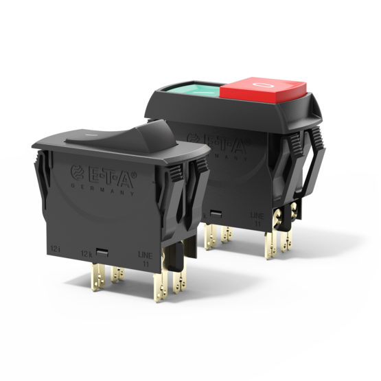 E-T-A Thermal Circuit Breaker; 2-Pole; 10A; 240VAC/50VDC; Push Button (x2); Blade Terminal; UL 1077