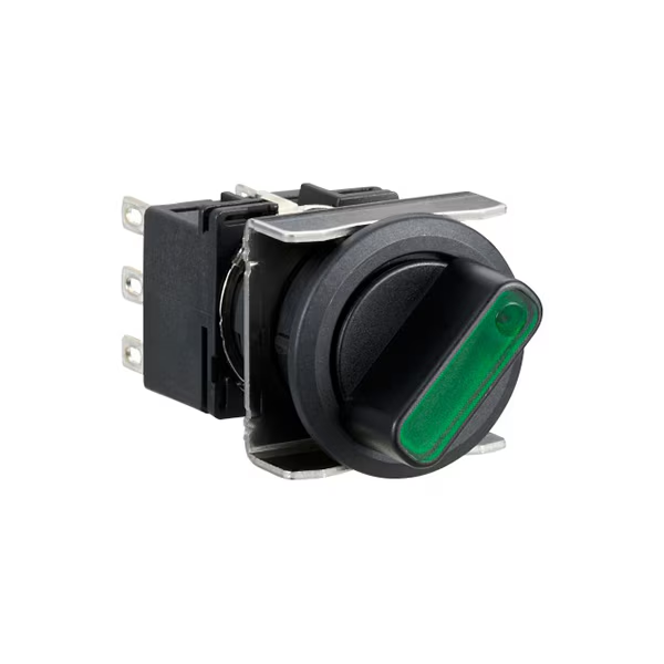 IDEC 18.2mm Illuminated Selector Switch; Round; 3-Position; DPDT; 5A (Thermal); Maintained; Black w/ Green Insert; LED; 24VAC/DC