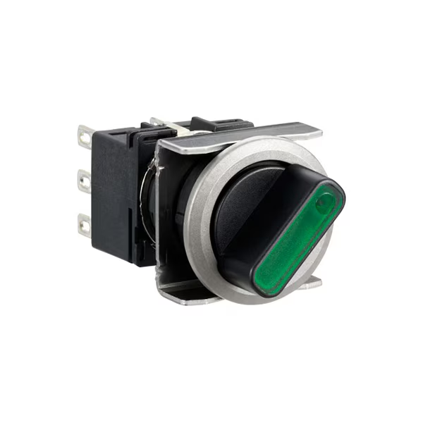 IDEC 18.2mm Illuminated Selector Switch; Round; 2-Position; DPDT; 5A (Thermal); Maintained; Black w/ Green Insert; LED; 5VDC