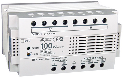 IDEC Switching Power Supply; 24VDC OUT; 4.2A; 85-264VAC / 105-370VDC IN; Single Phase; DIN Rail or Panel Mount; Plastic