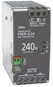 IDEC Switching Power Supply; 24VDC OUT; 10A; 85-264VAC / 110-350VDC IN; Single Phase; DIN Rail or Panel Mount; Plastic - Slim