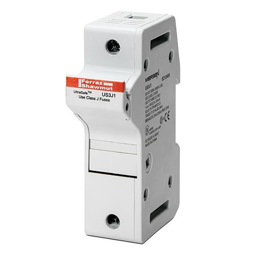 Mersen UltraSafe Class J Fuse Block; 30A; 600VAC/600VDC; 1-Pole; Pressure Plate Connection; DIN Rail Mount