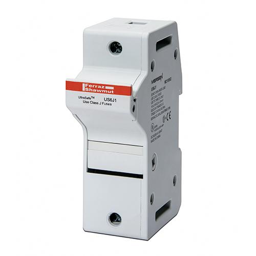 Mersen UltraSafe Class J Fuse Block; 60A; 600VAC/600VDC; 1-Pole; Pressure Plate Connection; Indicating; DIN Rail Mount