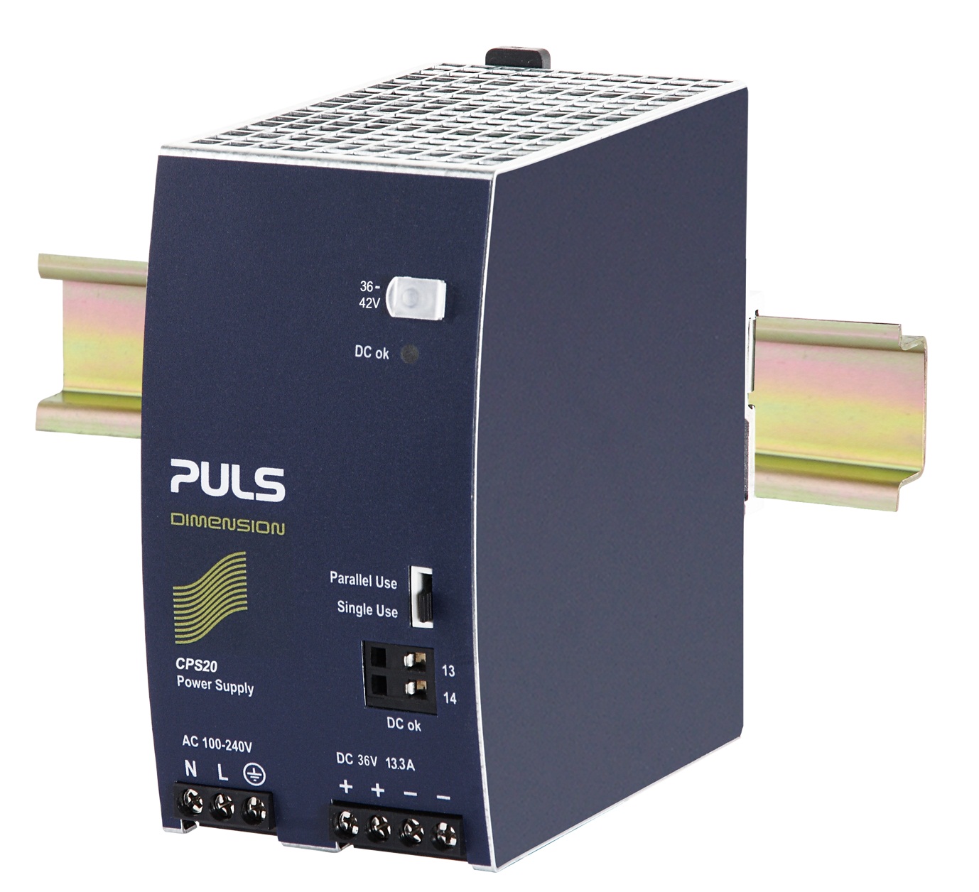 PULS Switching Power Supply; 36VDC OUT; 13.3A; 100-240VAC IN; Single Phase; DIN Rail Mount; Metal Frame