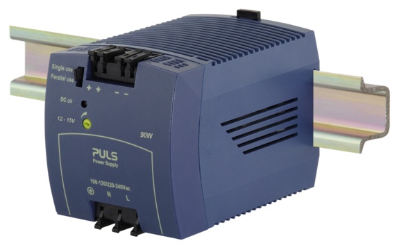 PULS Switching Power Supply; 12VDC OUT; 7.5A; 100-120VAC / 220-240VAC / 290VDC IN; Single Phase; DIN Rail Mount; Plastic - Slim