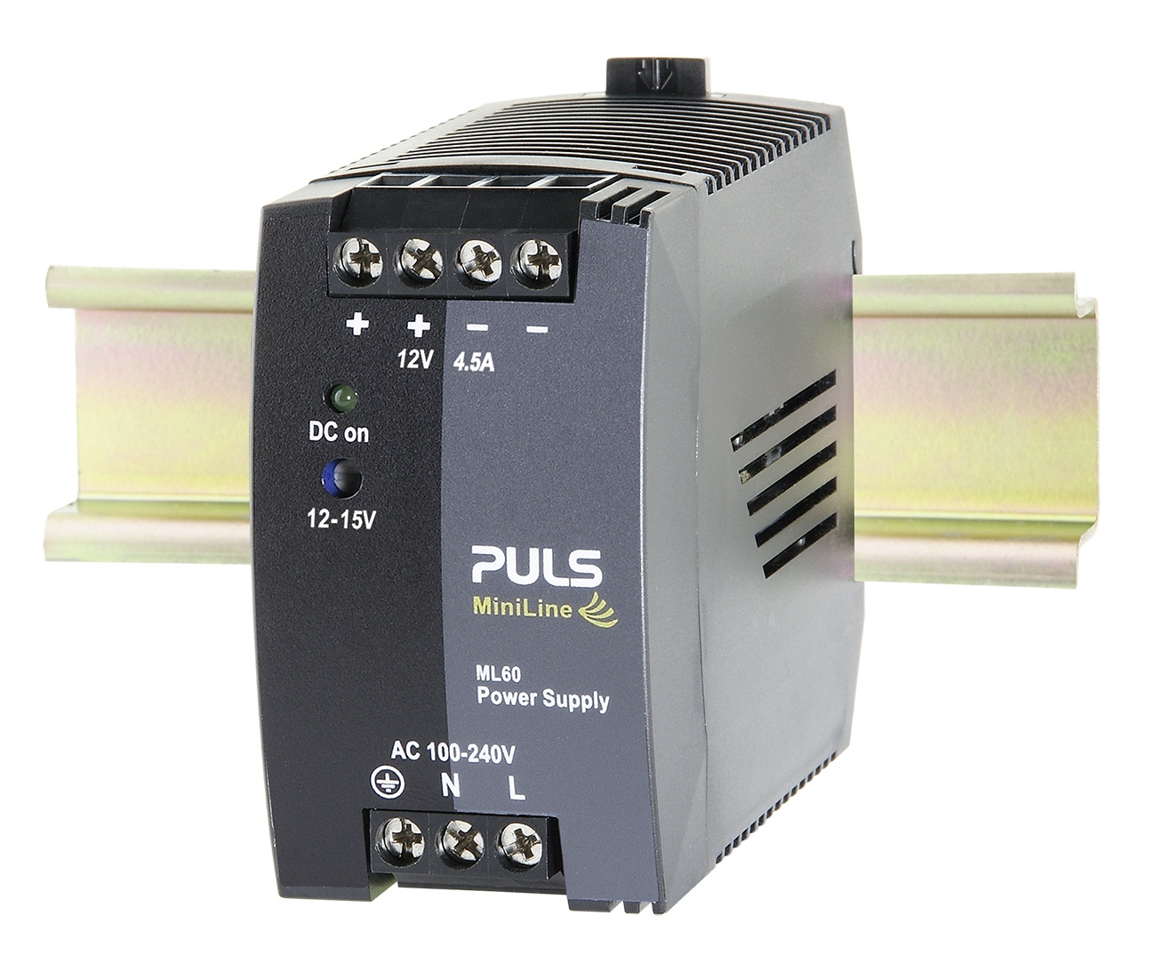 PULS Switching Power Supply; 12VDC OUT; 4.5A; 100-240VAC / 110-300VDC IN; Single Phase; DIN Rail Mount; Plastic - Slim