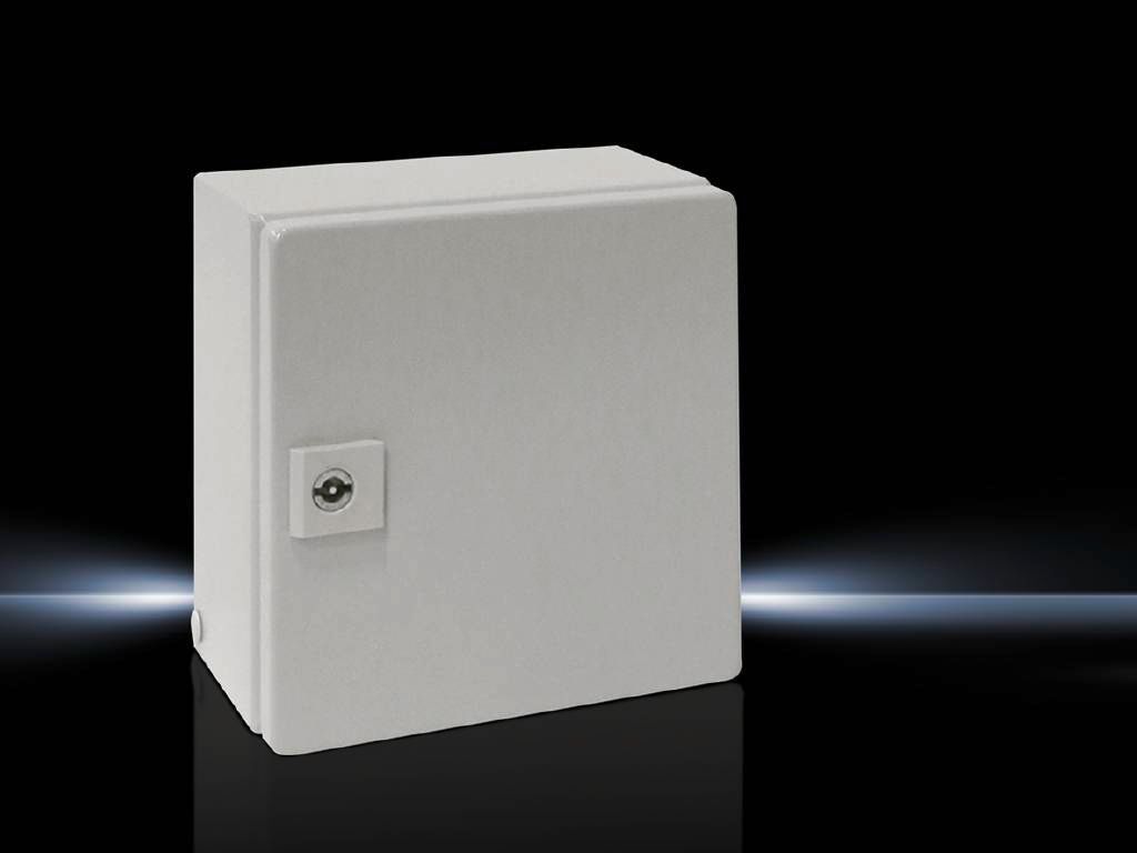 Rittal Wallmount Enclosure; 8" x 8" x 5"; Carbon Steel; Solid Cover; Hinge Connection; NEMA 4