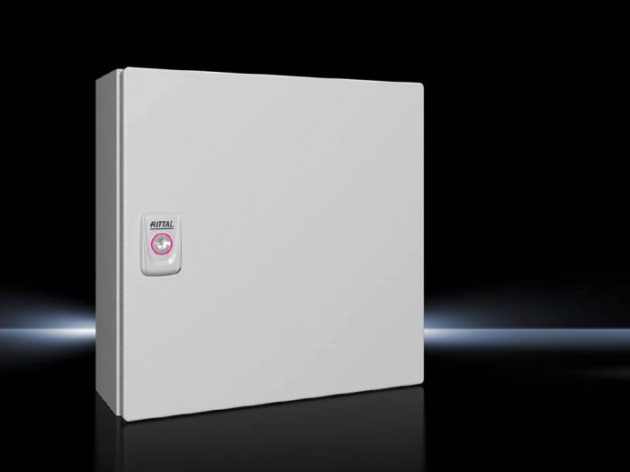 Rittal Wallmount Enclosure; 11.8" x 11.8" x 4.7"; Carbon Steel; Solid Cover; Hinge Connection; NEMA 4
