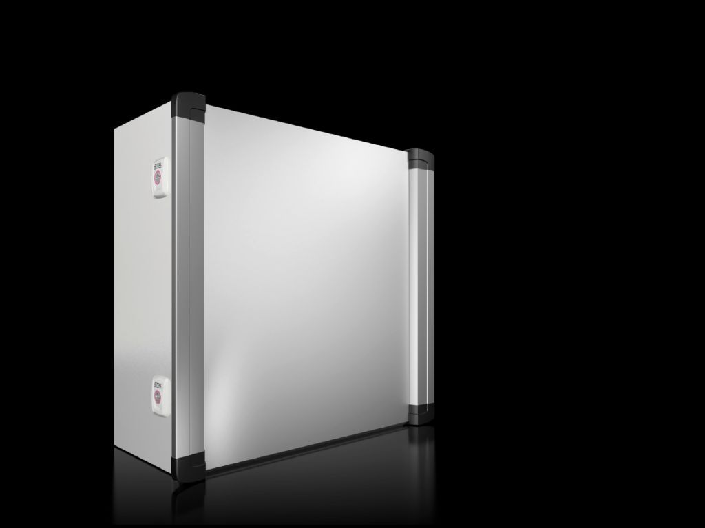 Rittal Enclosure; 19.7" x 19.7" x 8.3"; Carbon Steel; Solid Cover; Hinge Connection; NEMA 12; Support Arm Mount