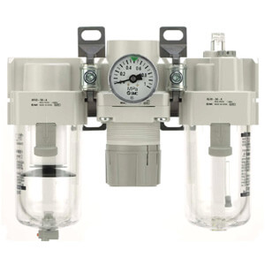 SMC Pneumatics Filter &plus; Regulator &plus; Lubricator; 40 Body; 1/2 NPT Port; 0.85MPa Set Pressure; psi Units; Metal Bowl; w/ Pressure Gauge