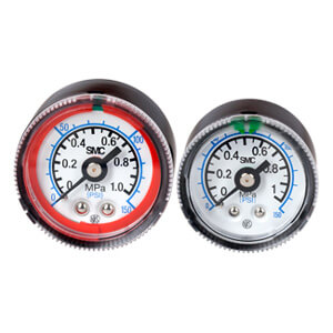 SMC Pneumatics Pressure Gauge w/ Color Zone Limit Indicator; 0 to 0.4MPa / 60 psi Display Range; 1/4 R/Rc Thread; MPa; psi display