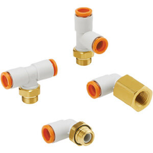 SMC Pneumatics Fitting; Elbow; 1/4" Tube OD; 1/8 R/Rc OD; White; Brass Body; w/ Face Seal