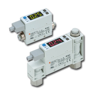SMC Pneumatics Digital w/ Integrated Display Flow Switch w/ Flow Adjustment Valve; Air; N2; Ar; CO2; 2 to 100 (50 for CO2) l/min Flow Rate; 1/4 NPT Port; 1 PNP &plus; Analog Voltage Output; Fixed SI Unit Display