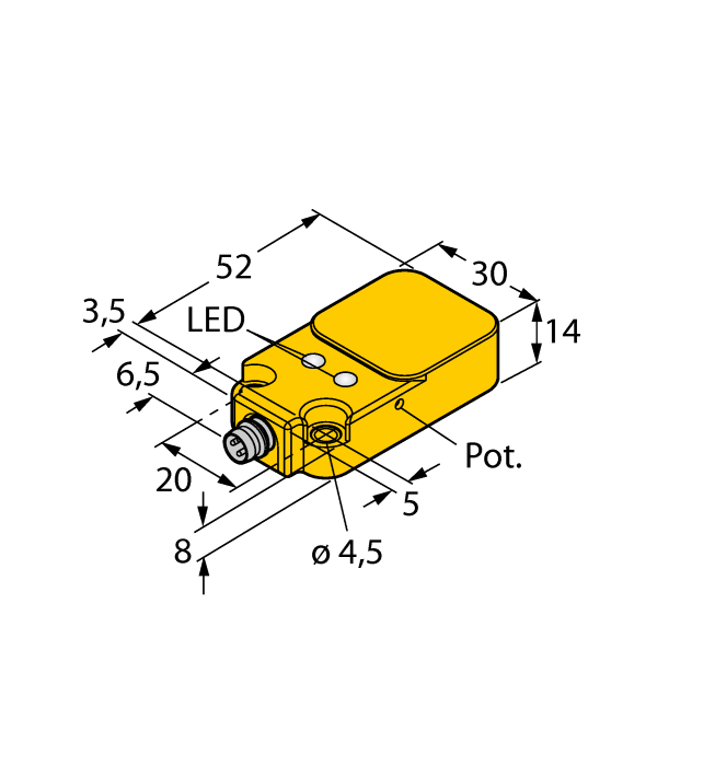 Turck Capacitive Plastic Rectangular Sensor; 14mm; Embeddable; 10-65VDC; NO; PNP; Connector - M8 (Metal)