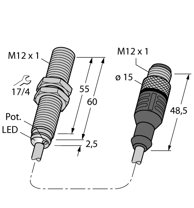 Turck Capacitive Metal Barrel Sensor; 3mm; Embeddable; 10-30VDC; NO; NPN; 0.2m Potted Cable w/ M12 Connector