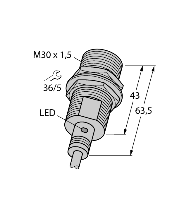 Turck Inductive Proximity Stainless Steel Barrel Sensor; 30mm; Embeddable; 10-30VDC; NO; 2-Wire