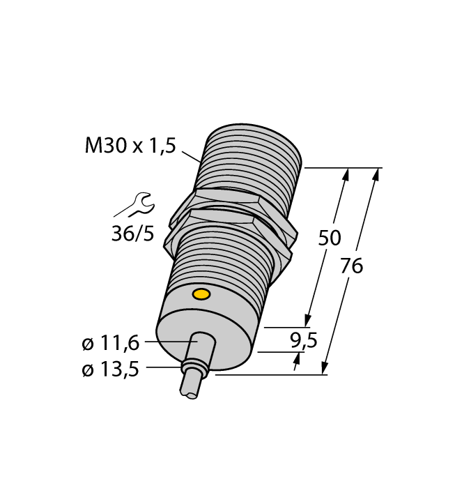 Turck Inductive Proximity Metal Barrel Sensor; 30mm; Embeddable; 10-30VDC; NO; NPN