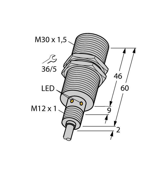 Turck Inductive Proximity Stainless Steel Barrel Sensor; All Metal Sensing; 30mm; Embeddable; 10-30VDC; NO; NPN