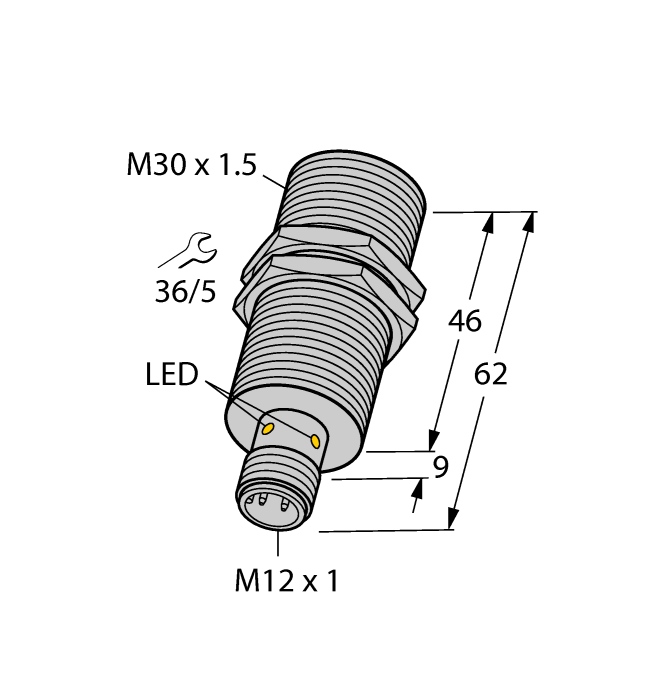 Turck Inductive Proximity Stainless Steel Barrel Sensor; All Metal Sensing; 30mm; Embeddable; 10-30VDC; NO; PNP; Connector - M12