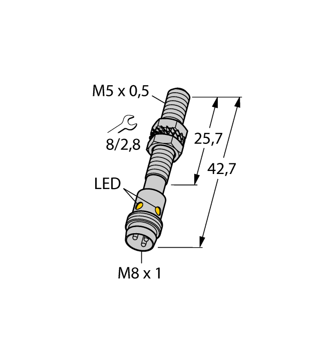 Turck Inductive Proximity Stainless Steel Barrel Sensor; All Metal Sensing; 5mm; Embeddable; 10-30VDC; NO; NPN; Connector - M8 (Metal)
