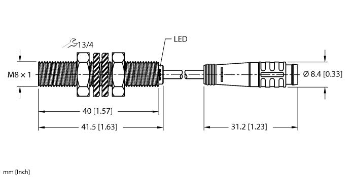 Turck Inductive Proximity Stainless Steel Barrel Sensor; 8mm; Embeddable; 10-30VDC; NO; PNP; Potted Cable w/ Snap Connector