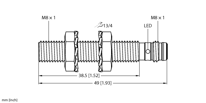 Turck Inductive Proximity Stainless Steel Barrel Sensor; 8mm; Embeddable; 10-30VDC; NC; NPN; Connector - M8 (Metal)