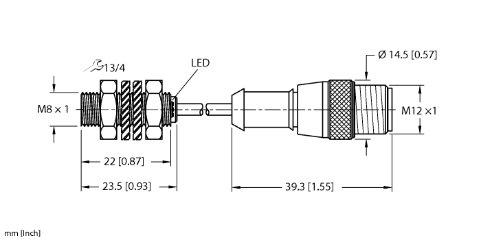 Turck Inductive Proximity Stainless Steel Barrel Sensor; 8mm; Embeddable; 10-30VDC; NO; PNP; Potted Cable w/ M12 Connector