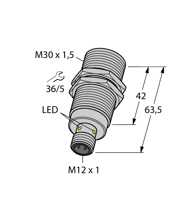 Turck Inductive Proximity Stainless Steel Barrel Sensor; 30mm; Embeddable; 10-30VDC; NO; NPN; Connector - M12
