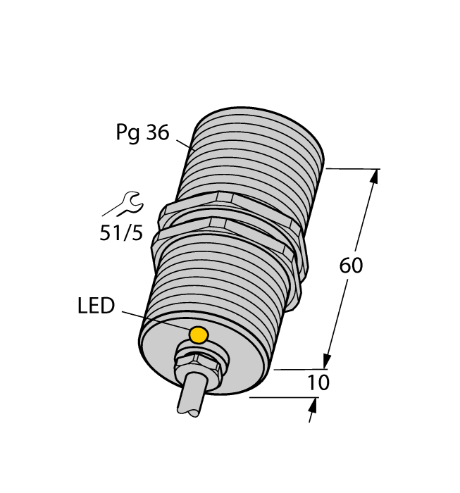 Turck Inductive Proximity Metal Barrel Sensor; Pg 36; Embeddable; 20-250VAC / 10-300VDC; NC; 2-Wire