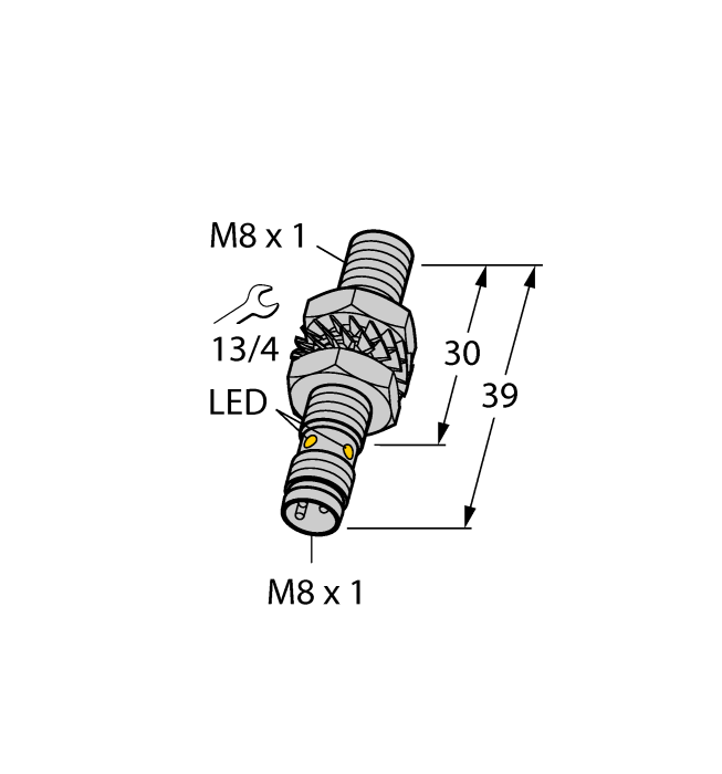 Turck Inductive Proximity Stainless Steel Barrel Sensor; All Metal Sensing; 8mm; Embeddable; 10-30VDC; NO; PNP; Connector - M8 (Metal)