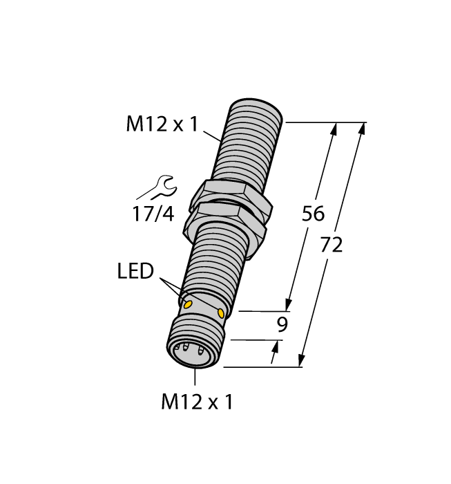 Turck Inductive Proximity Metal Barrel Sensor; All Metal Sensing; 12mm; Embeddable; 10-30VDC; NO; PNP; Connector - M12