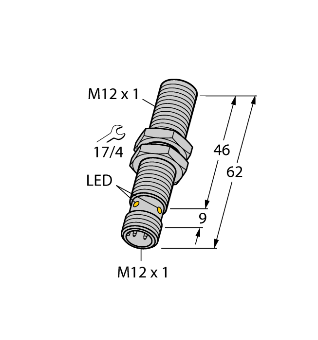 Turck Inductive Proximity Metal Barrel Sensor; All Metal Sensing; 12mm; Embeddable; 10-30VDC; NO; NPN; Connector - M12