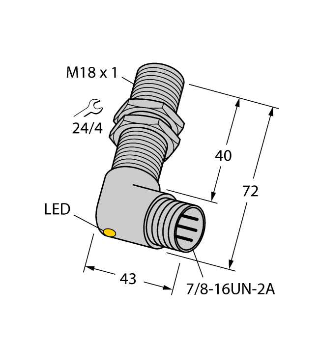 Turck Inductive Proximity Metal Barrel Sensor; 18mm; Embeddable; 10-30VDC; NO; PNP; Connector - 7/8"-16UN (Metal)