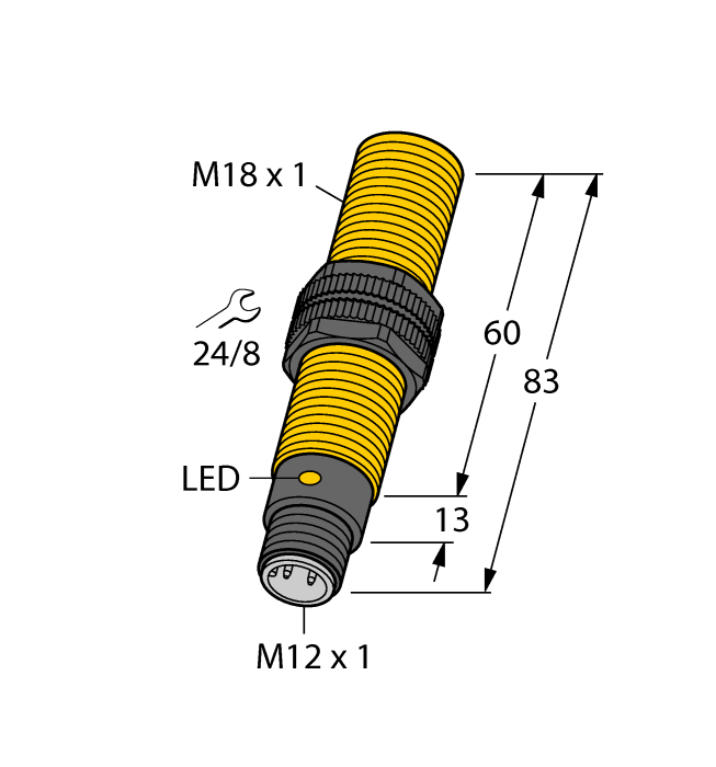 Turck Inductive Proximity Plastic Barrel Sensor; 18mm; Embeddable; 10-65VDC; 1NO + 1NC; PNP; Connector - M12