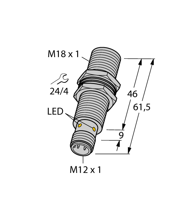 Turck Inductive Proximity Metal Barrel Sensor; All Metal Sensing; 18mm; Embeddable; 10-65VDC; 1NO + 1NC; PNP; Connector - M12