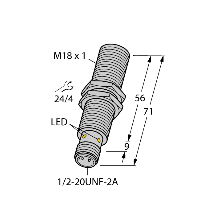 Turck Inductive Proximity Metal Barrel Sensor; 18mm; Embeddable; 20-250VAC / 10-300VDC; NO; 2-Wire; Connector - 1/2"-20UNF (Metal)