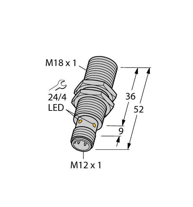 Turck Inductive Proximity Stainless Steel Barrel Sensor; All Metal Sensing; 18mm; Embeddable; 10-30VDC; NO; PNP; Connector - M12