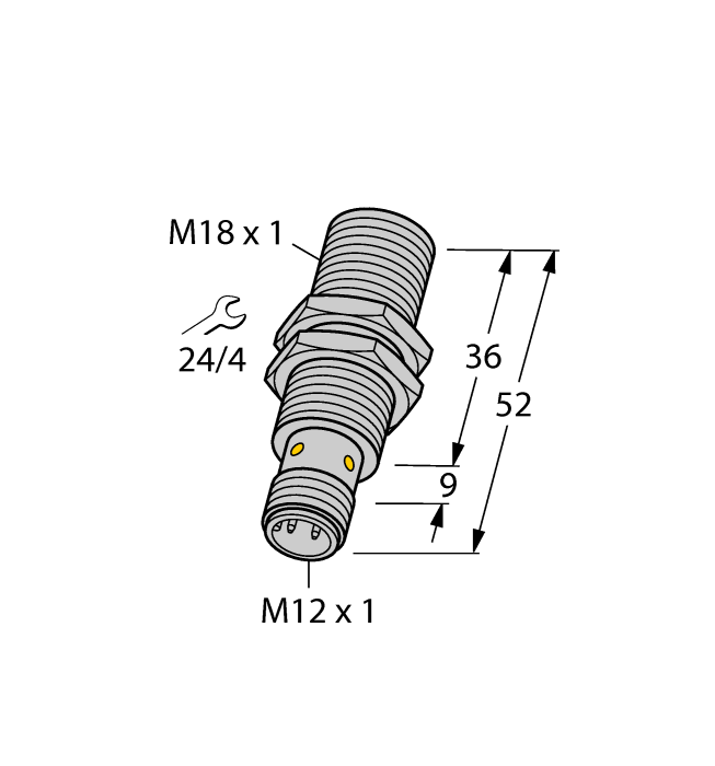 Turck Inductive Proximity Stainless Steel Barrel Sensor; All Metal Sensing; 18mm; Embeddable; 10-30VDC; NC; PNP; Connector - M12
