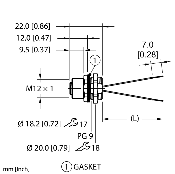 Turck M12 Receptacle; Female; 4-Pin, 2 x 22AWG; A - Standard Key; Front Mount; 0.5m Lead Wire