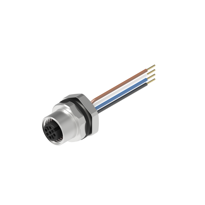 Turck M12 Receptacle; Female; 4-Pin, 4 x 22AWG; A - Standard Key; Front Mount; 0.2m Lead Wire
