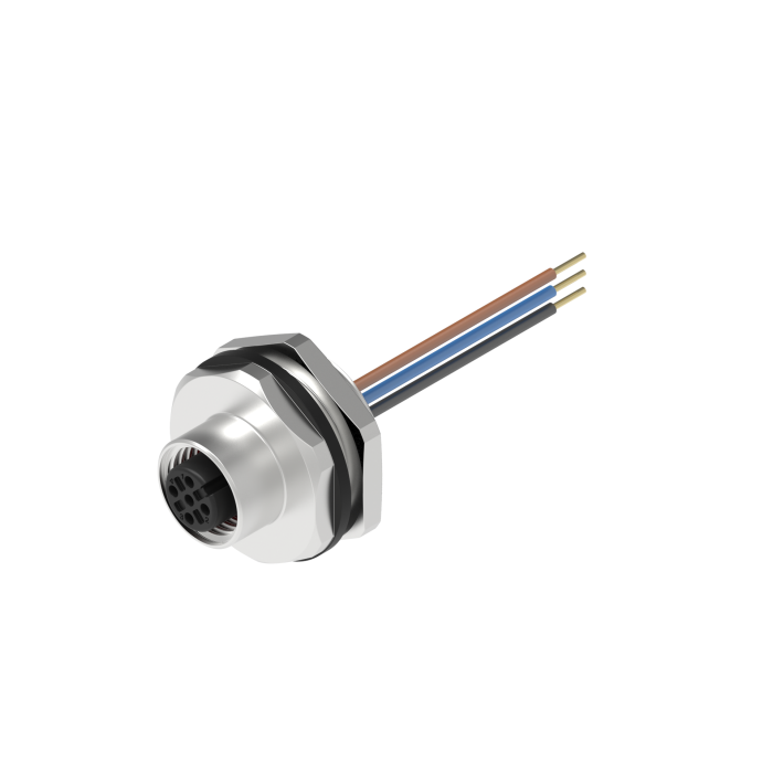 Turck M12 Receptacle; Female; 4-Pin, 3 x 22AWG; A - Standard Key; Front Mount; 0.2m Lead Wire