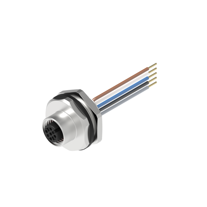 Turck M12 Receptacle; Female; 5-Pin, 5 x 22AWG; A - Standard Key; Front Mount; 0.2m Lead Wire