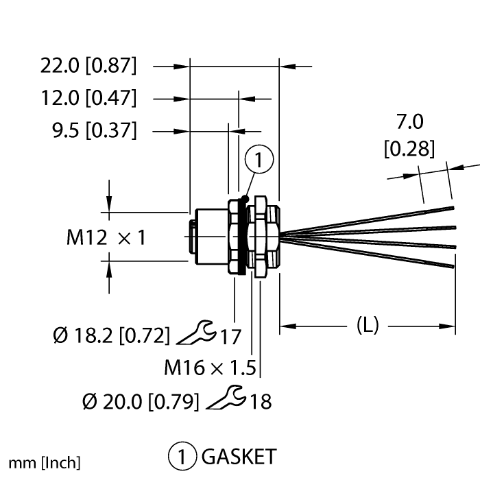 Turck M12 Receptacle; Female; 4-Pin, 4 x 22AWG; A - Standard Key; Front Mount; 0.5m Lead Wire