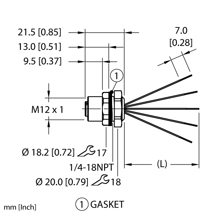 Turck M12 Receptacle; Female; 5-Pin, 5 x 18AWG; A - Standard Key; Front Mount; 2m Lead Wire