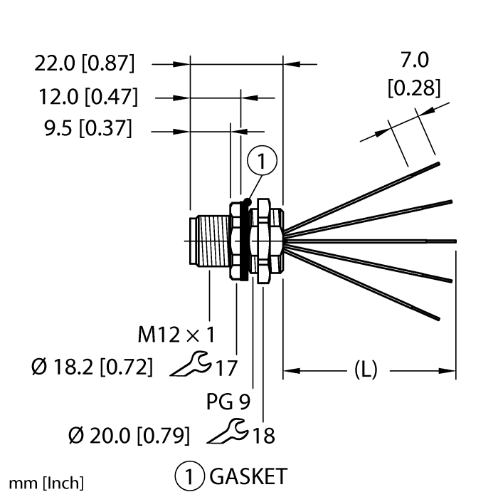 Turck M12 Receptacle; Male; 5-Pin, 5 x 20AWG; A - Standard Key; Front Mount; 0.5m Lead Wire