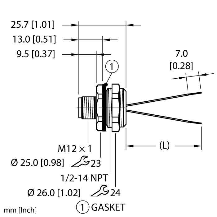 Turck M12 Receptacle; Male; 4-Pin, 2 x 22AWG; A - Standard Key; Front Mount; 0.3m Lead Wire