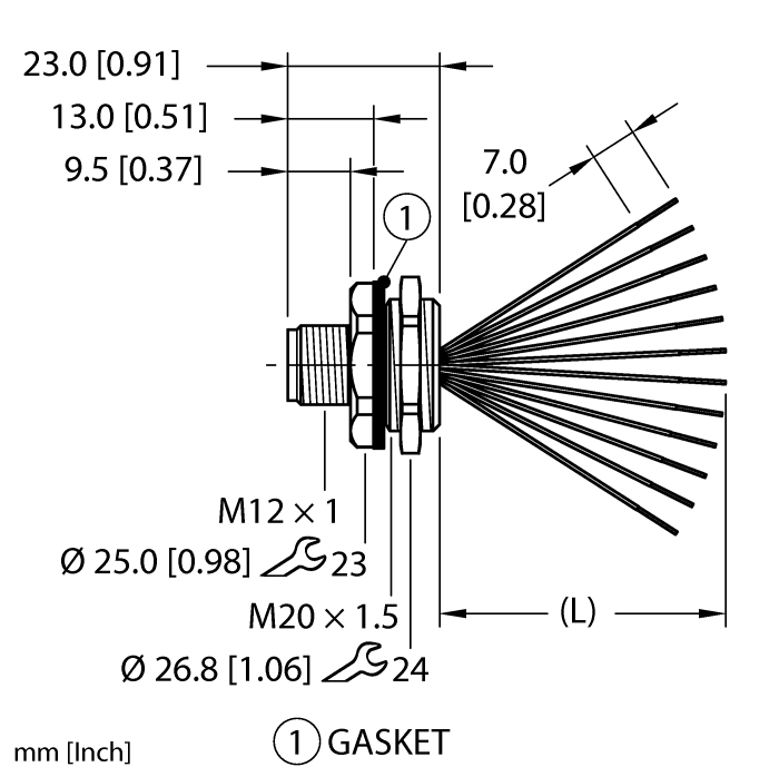 Turck M12 Receptacle; Male; 12-Pin, 12 x 24AWG; A - Standard Key; Front Mount; 0.5m Lead Wire