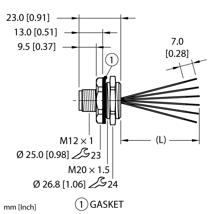 Turck M12 Receptacle; Male; 8-Pin, 6 x 24AWG; A - Standard Key; Front Mount; 0.5m Lead Wire
